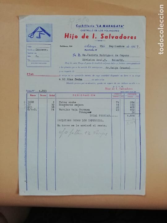 Factures anciennes: FACTURA. CUCHILLERIA LA MARAGATA. HIJO DE J. SALVADORES. CASTRILLO DE LOS POLVAZARES, ASTORGA. 1967.