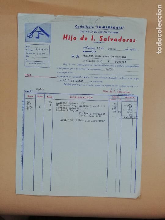 Factures anciennes: FACTURA. CUCHILLERIA LA MARAGATA. HIJO DE J. SALVADORES. CASTRILLO DE LOS POLVAZARES, ASTORGA. 1967.