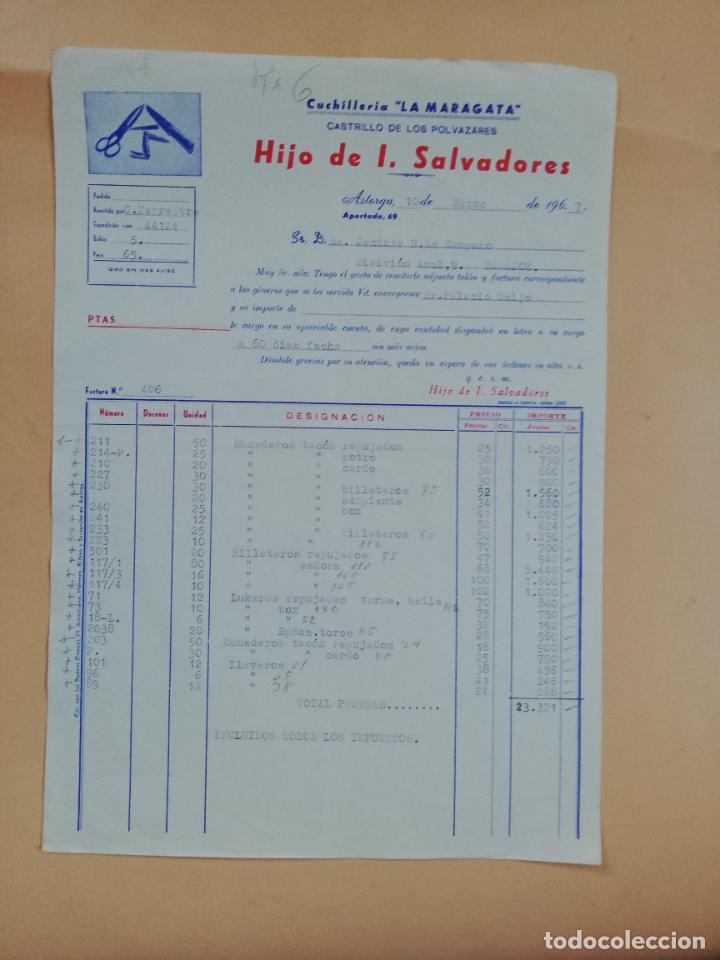 Factures anciennes: FACTURA. CUCHILLERIA LA MARAGATA. HIJO DE J. SALVADORES. CASTRILLO DE LOS POLVAZARES, ASTORGA. 1967.