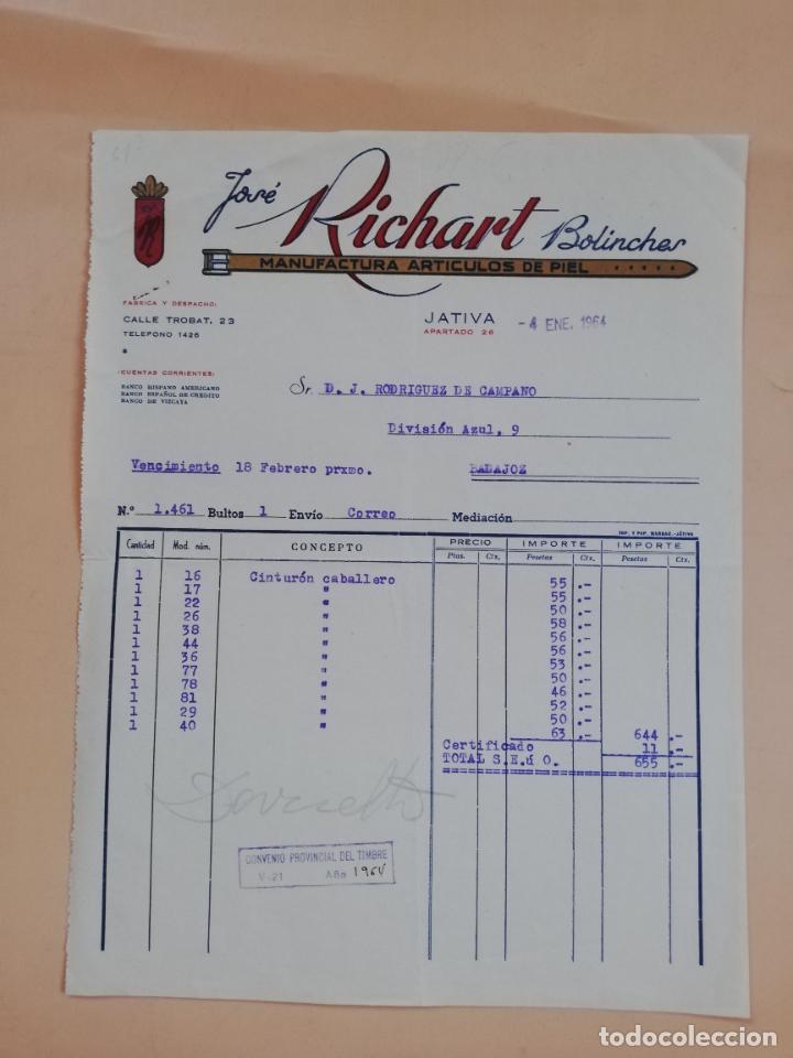 Factures anciennes: FACTURA. JOSE RICHART BOLINCHES. MANUFACTURA DE ARTICULOS DE PIEL. JATIVA, VALENCIA, 1964.