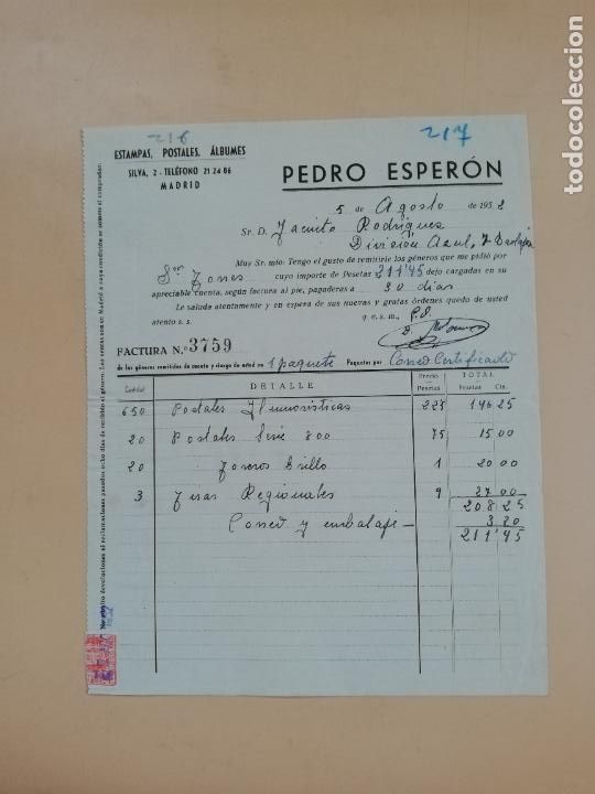 Factures anciennes: FACTURA. ESTAMPA, POSTALES , ALBUMES. PEDRO ESPERON. MADRID, 1952.