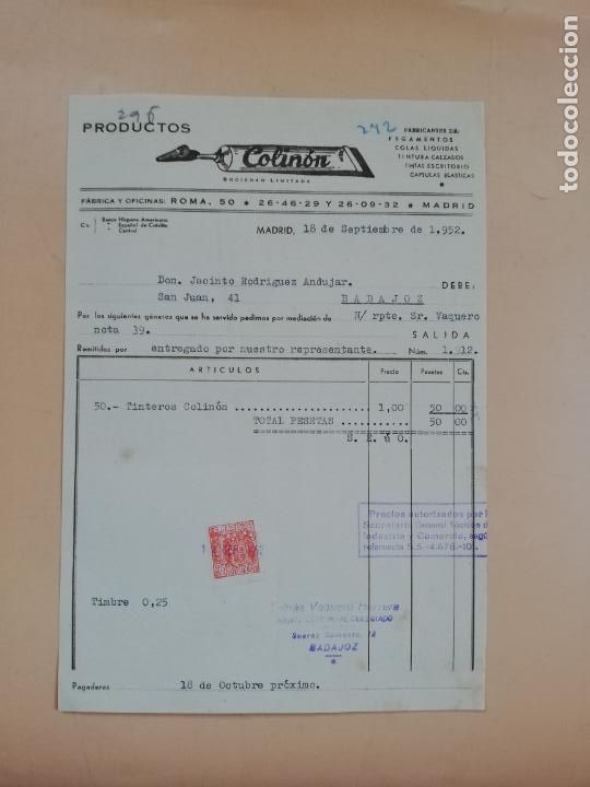 Factures anciennes: FACTURA. FABRICANTES DE PEGAMENTO. PRODUCTOS COLINON. MADRID, 1952.