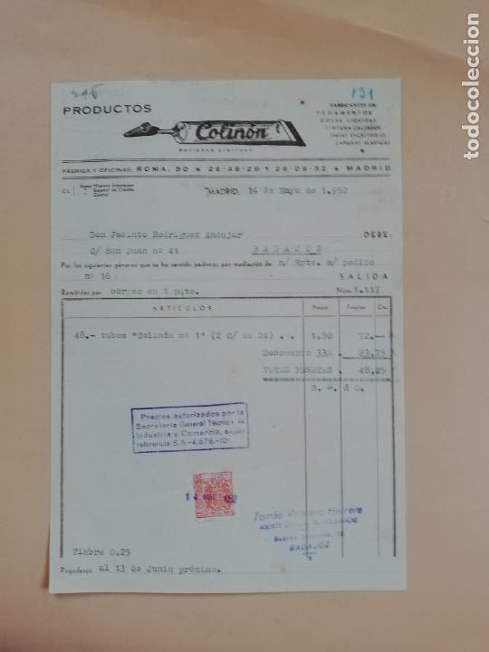Factures anciennes: FACTURA. FABRICANTES DE PEGAMENTO. PRODUCTOS COLINON. MADRID, 1952.