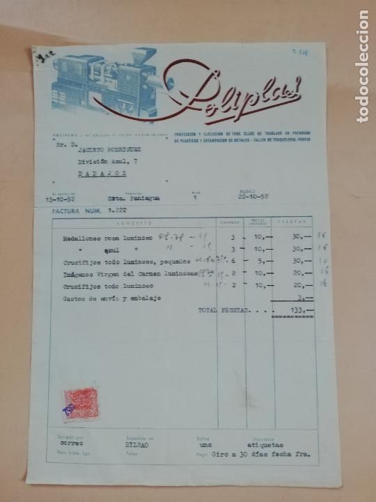 Factures anciennes: FACTURA. POLIPLAS. TRABAJOS EN PRENSADO DE PLASTICOS. BILBAO, 1952.