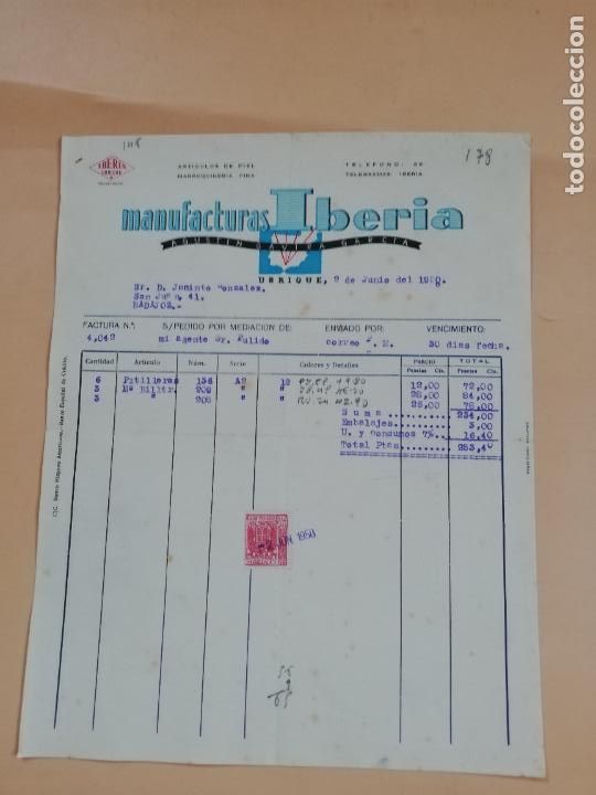 Factures anciennes: FACTURA. ARTICULOS DE PIEL. MANUFACTURAS IBERIA. AGUSTIN GAVIRA. UBRIQUE, CADIZ, 1950.