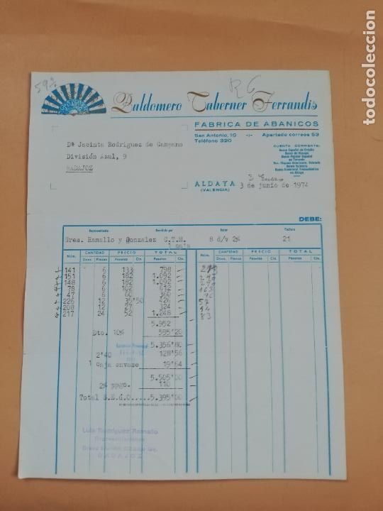 Factures anciennes: FACTURA. FABRICA DE ABANICOS. BALDOMERO TABERNER FERRANDIS. ALDAYA, VALENCIA, 1974.