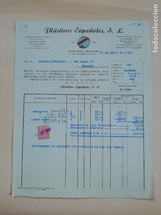 Factures anciennes: FACTURA. FABRICACION DE LAMINAS DE CELUGELCA. PLASTICOS ESPA&Ntilde;OLES, S. L. MURIEDAS, SANTANDER, 1950.