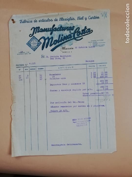 Factures anciennes: FACTURA. FABRICA DE ARTICULOS DE PIEL. MANUFACTURAS MOLINA COSTA. MURCIA, 1950.