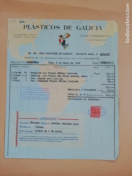 Factures anciennes: FACTURA. PLASTICOS DE GALICIA. VILLAR Y HENRIQUES S. L. VIGO. 1958.