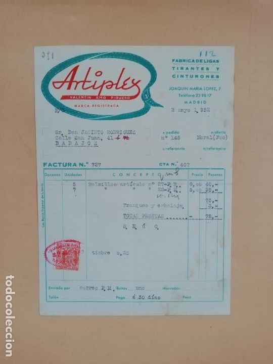 Factures anciennes: FACTURA. FABRICACION DE LIGAS, TIRANTES Y CINTURONES. ARTIPLEX. MADRID, 1952.