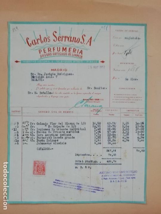 Factures anciennes: FACTURA. PERFUMERIA. CARLOS SERRANO S.A. MADRID, 1952.