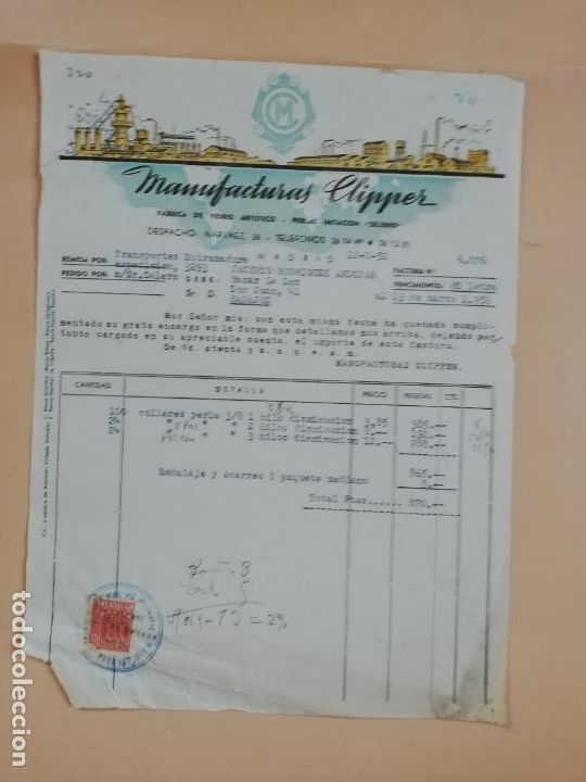 Factures anciennes: FACTURA. FABRICA DE VIDRIO ARTISTICO. MANUFACTURAS CLIPPER. MADRID, 1952.