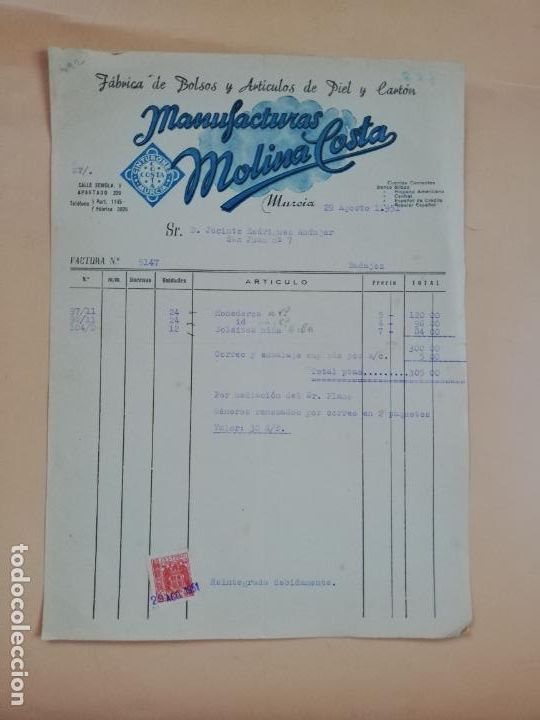 Factures anciennes: FACTURA. FABRICA DE BOLSOS Y ARTICULOS DE PIEL. MANUFACTURAS MOLINA COSTA. MURCIA, 1952.