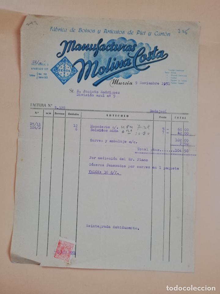 Factures anciennes: FACTURA. FABRICA DE BOLSOS Y ARTICULOS DE PIEL. MANUFACTURAS MOLINA COSTA. MURCIA, 1951.