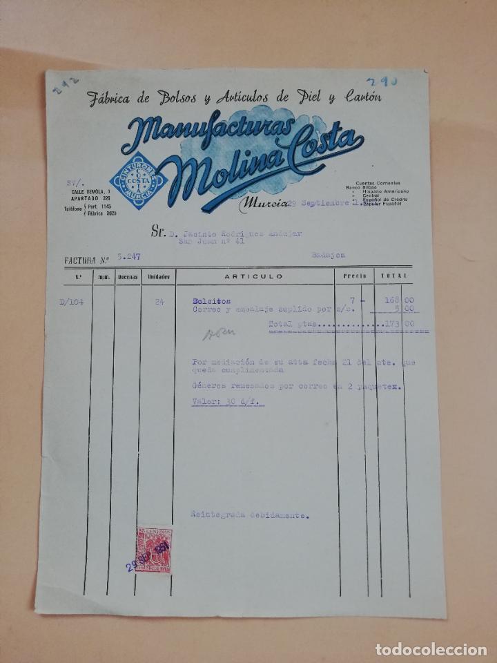 Factures anciennes: FACTURA. FABRICA DE BOLSOS Y ARTICULOS DE PIEL. MANUFACTURAS MOLINA COSTA. MURCIA, 1951.