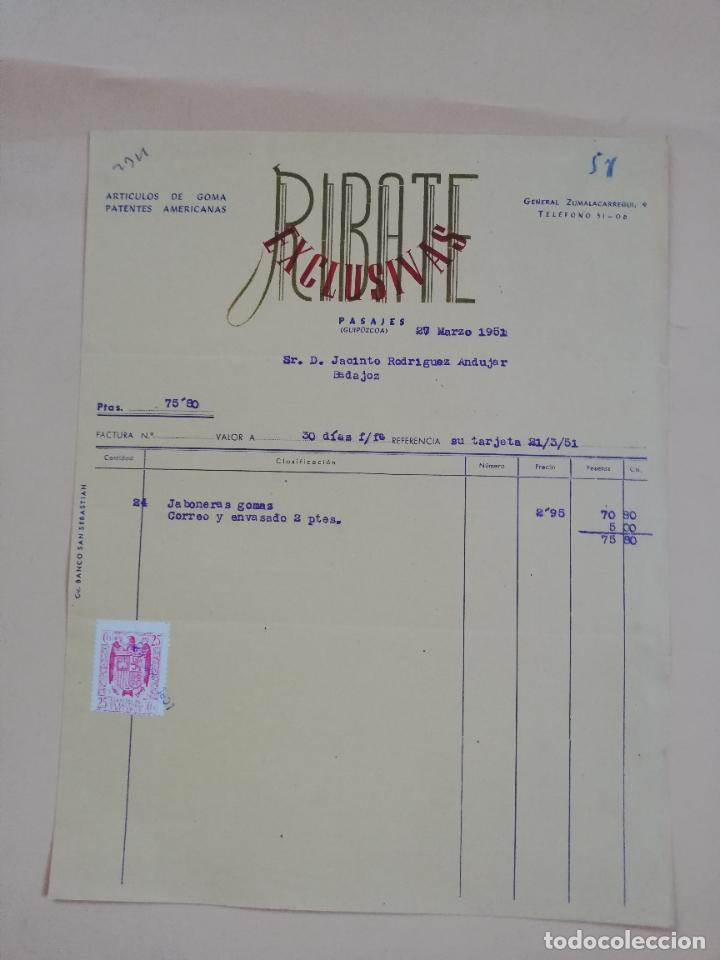 Factures anciennes: FACTURA. ARTICULOS DE GOMA. EXCLUSIVAS RIBATE. PASAJES, GUIPUZCOA, 1951.