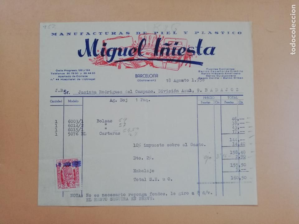 Factures anciennes: FACTURA. MIGUEL I&Ntilde;IESTA. MANUFACTURA DE PIEL Y PLASTICO. BARCELONA, 1958.