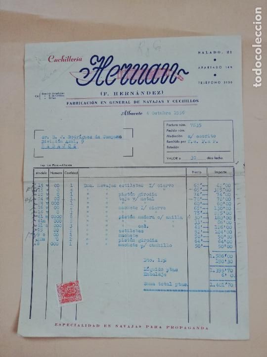 Factures anciennes: FACTURA. CUCHILLERIA. HERUAN. ALBACETE. 1956.