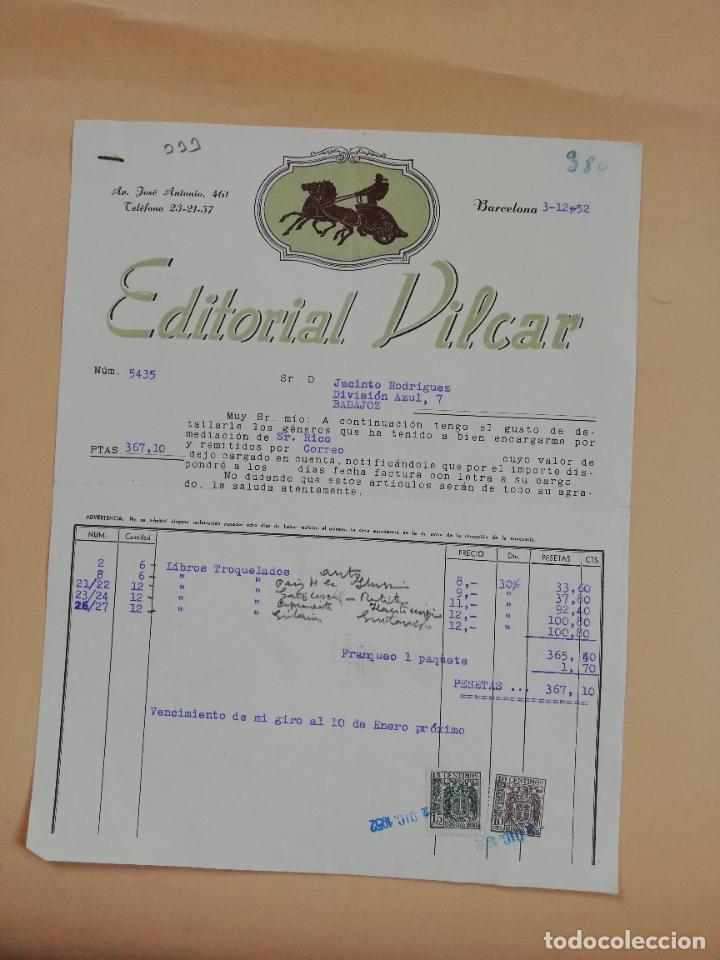 Factures anciennes: FACTURA. EDITORIAL VILCAR. BARCELONA, 1952.
