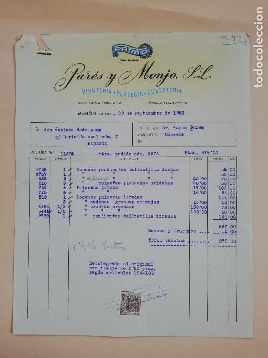 Factures anciennes: FACTURA. BISUTERIA-PLATERIA-CUBERTERIA. PARES Y MONJO. MAHON, BALEARES, 1953.