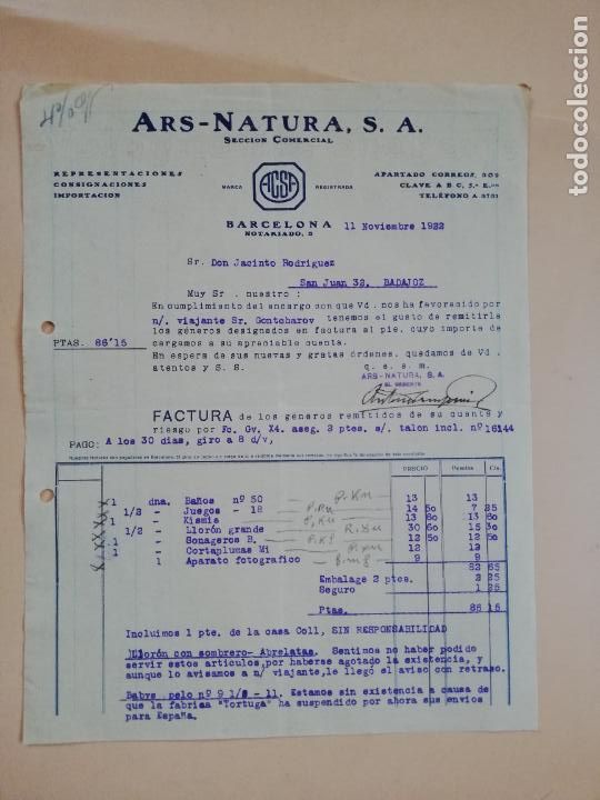Factures anciennes: FACTURA. REPRESENTACIONES. ARS-NATURA, S.A. BARCELONA, 1922.