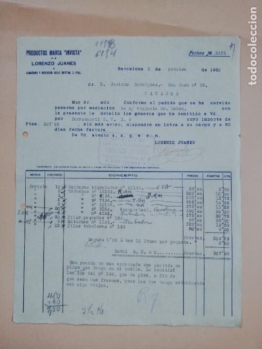 Factures anciennes: FACTURA. PRODUCTOS MARCA INVICTA. LORENZO JUANES. BARCELONA, 1922.