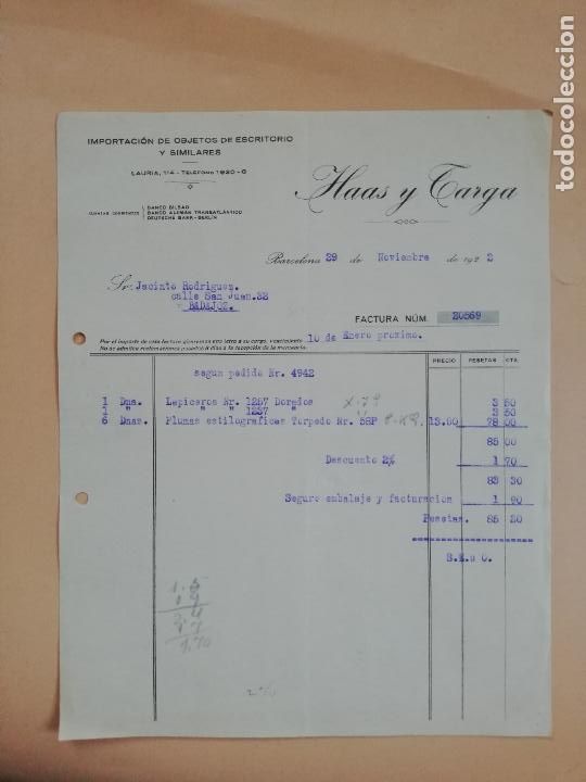 Factures anciennes: FACTURA. IMPORTACION DE OBJETOS DE ESCRITORIO. HAAS Y TARGA. BARCELONA, 1922.
