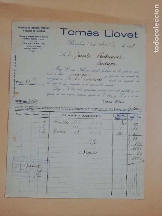 Factures anciennes: FACTURA. FABRICA DE HELADOS. TOMAS LLOVET. BARCELONA, 1919.