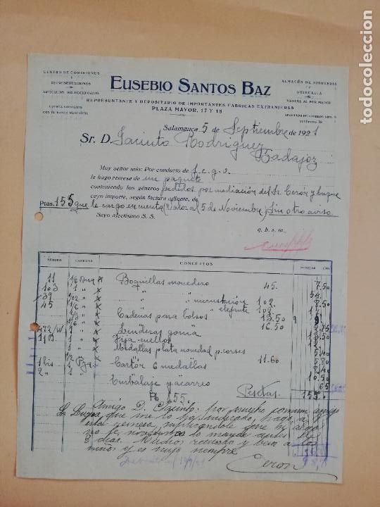 Factures anciennes: FACTURA. ALMACEN DE BISUTERIA. EUSEBIO SANTOS BAZ. SALAMANCA, 1921.