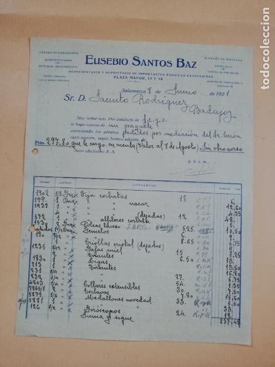 Factures anciennes: FACTURA. ALMACEN DE BISUTERIA. EUSEBIO SANTOS BAZ. SALAMANCA, 1921.