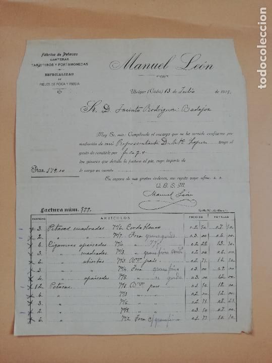 Factures anciennes: FACTURA. FABRICA DE PETACAS Y CARTERAS. MANUEL LEON. UBRIQUE, CADIZ, 1919.