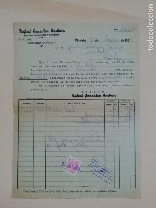 Factures anciennes: FACTURA. TALLER DE PLATERIA Y BISUTERIA. RAFAEL GONZALEZ BARBERO. CORDOBA, 1943.