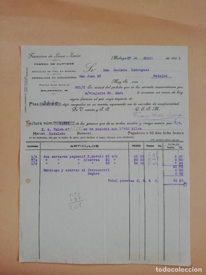 Factures anciennes: FACTURA. FABRICA DE CURTIDOS. FRANCISCO DE LUNA MARIN. MALAGA, 1921.