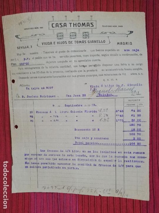 Factures anciennes: FACTURA. CASA THOMAS. VIUDA E HIJOS DE TOMAS GIANELLO. MADRID, 1919.
