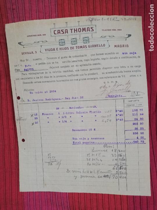 Factures anciennes: FACTURA. CASA THOMAS. VIUDA E HIJOS DE TOMAS GIANELLO. MADRID, 1919.