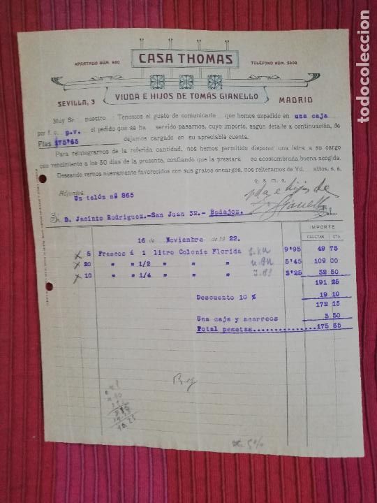 Factures anciennes: FACTURA. CASA THOMAS. VIUDA E HIJOS DE TOMAS GIANELLO. MADRID, 1922.