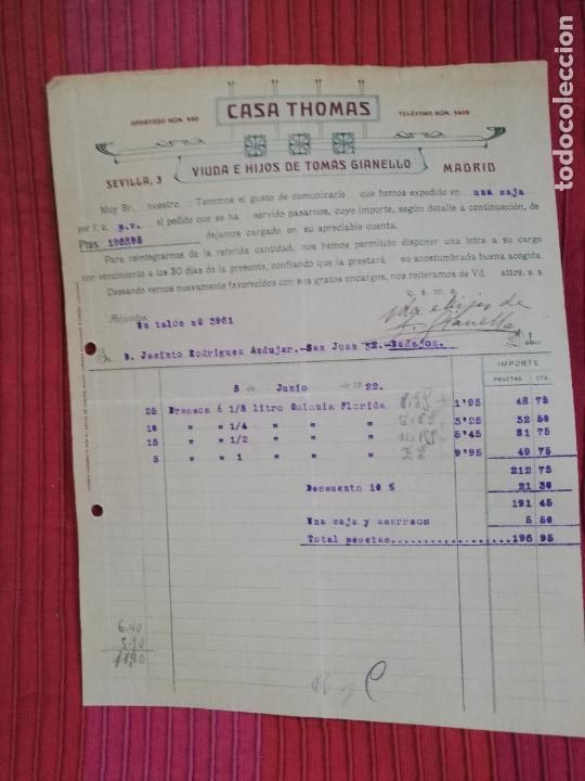 Factures anciennes: FACTURA. CASA THOMAS. VIUDA E HIJOS DE TOMAS GIANELLO. MADRID, 1922.