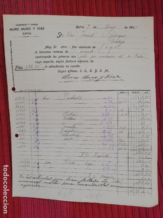Facturas antiguas: FACTURA. COMERCIO Y BANCA. MURO MURO Y DIAZ. ZAFRA, 1921.