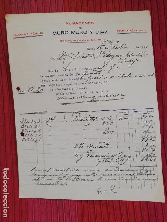 Factures anciennes: FACTURA. ALMACENES DE MURO MURO Y DIAZ. ZAFRA, 1921.