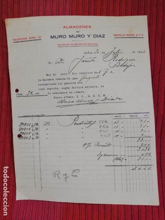 Factures anciennes: FACTURA. ALMACENES DE MURO MURO Y DIAZ. ZAFRA, 1921.
