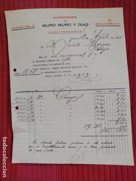 Factures anciennes: FACTURA. ALMACENES DE MURO MURO Y DIAZ. ZAFRA, 1921.
