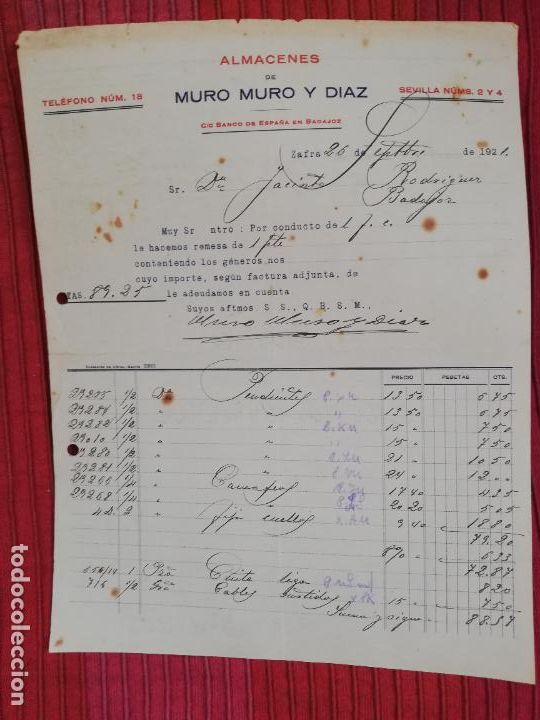 Factures anciennes: FACTURA. ALMACENES DE MURO MURO Y DIAZ. ZAFRA, 1921.