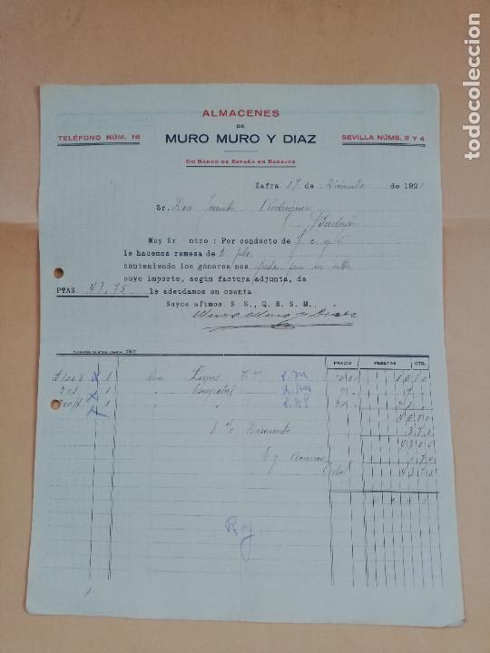Factures anciennes: FACTURA. ALMACENES DE MURO MURO Y DIAZ. ZAFRA, 1921.