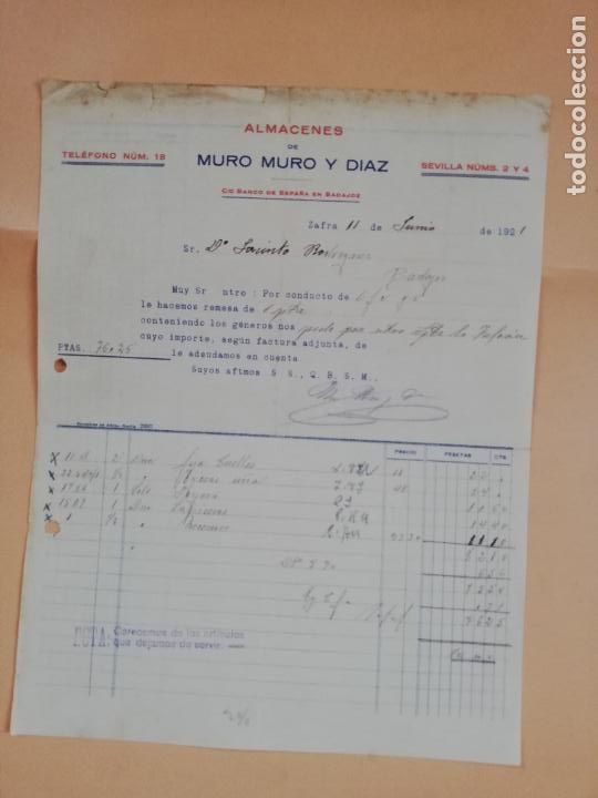 Factures anciennes: FACTURA. ALMACENES DE MURO MURO Y DIAZ. ZAFRA, 1921.