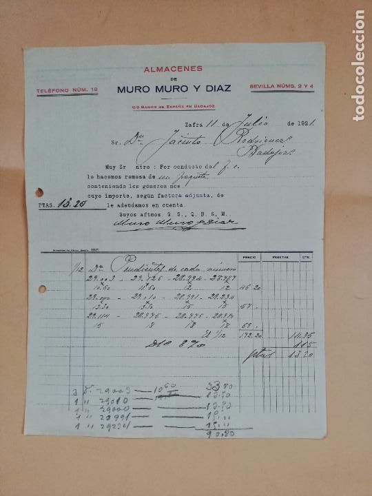 Factures anciennes: FACTURA. ALMACENES DE MURO MURO Y DIAZ. ZAFRA, 1921.