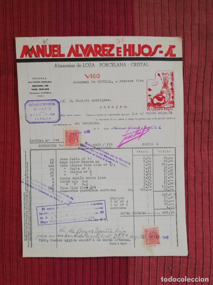 Factures anciennes: FACTURA. ALMACENES DE LOZA-PORCELANA-CRISTAL. MANUEL ALVAREZ E HIJOS, S.A. VIGO, 1946.