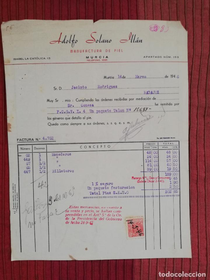 Factures anciennes: FACTURA. MANUFACTURA DE PIEL. ADOLFO SOLANO ILLAN. MURCIA. 1946.