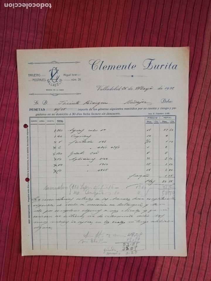 Factures anciennes: FACTURA. TARJETAS POSTALES. CLEMENTE ZURITA. VALLADOLID, 1922.
