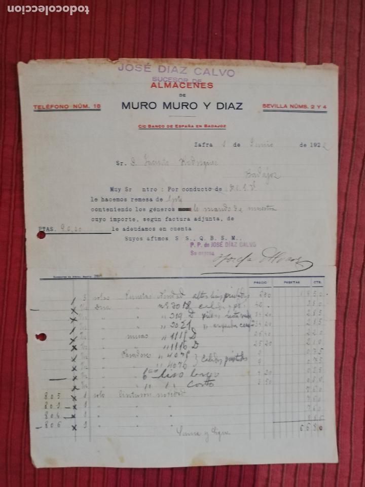 Factures anciennes: FACTURA. ALMACENES DE MURO MURO Y DIAZ. ZAFRA, 1922.