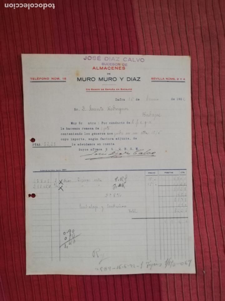 Factures anciennes: FACTURA. ALMACENES DE MURO MURO Y DIAZ. ZAFRA, 1922.